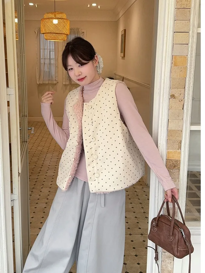 

plus Size Women's Gentle Sle Lamb Fur Polka Dot Vest Outerwear Autumn Winter Loose Fit Base Layer Trendy Top