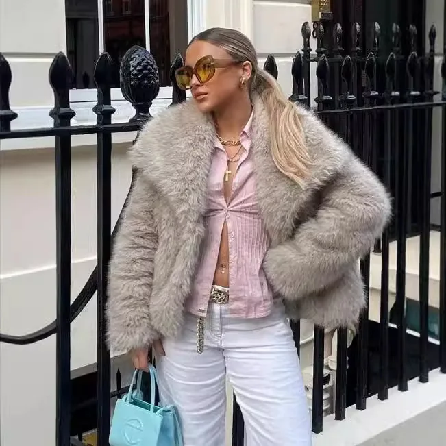 

KIDCRKJ зимняя женская интегрированная шуба с большим воротником с лацканами, короткая женская эко-пуховая куртка, темпераментная шуба из искусственного меха для женщин