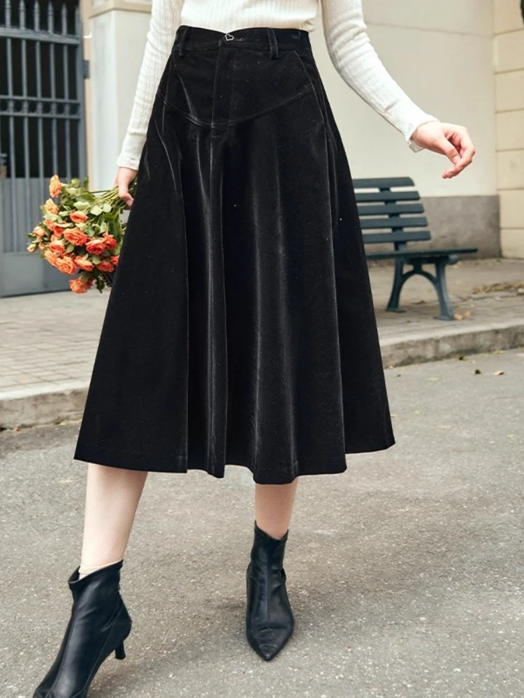 

OLrain Women's Velvet Skirt 2025 Autumn Solid High-waist A-line Skirts Pocket Fashion Elegant Commute Female Clothing O23DB88122