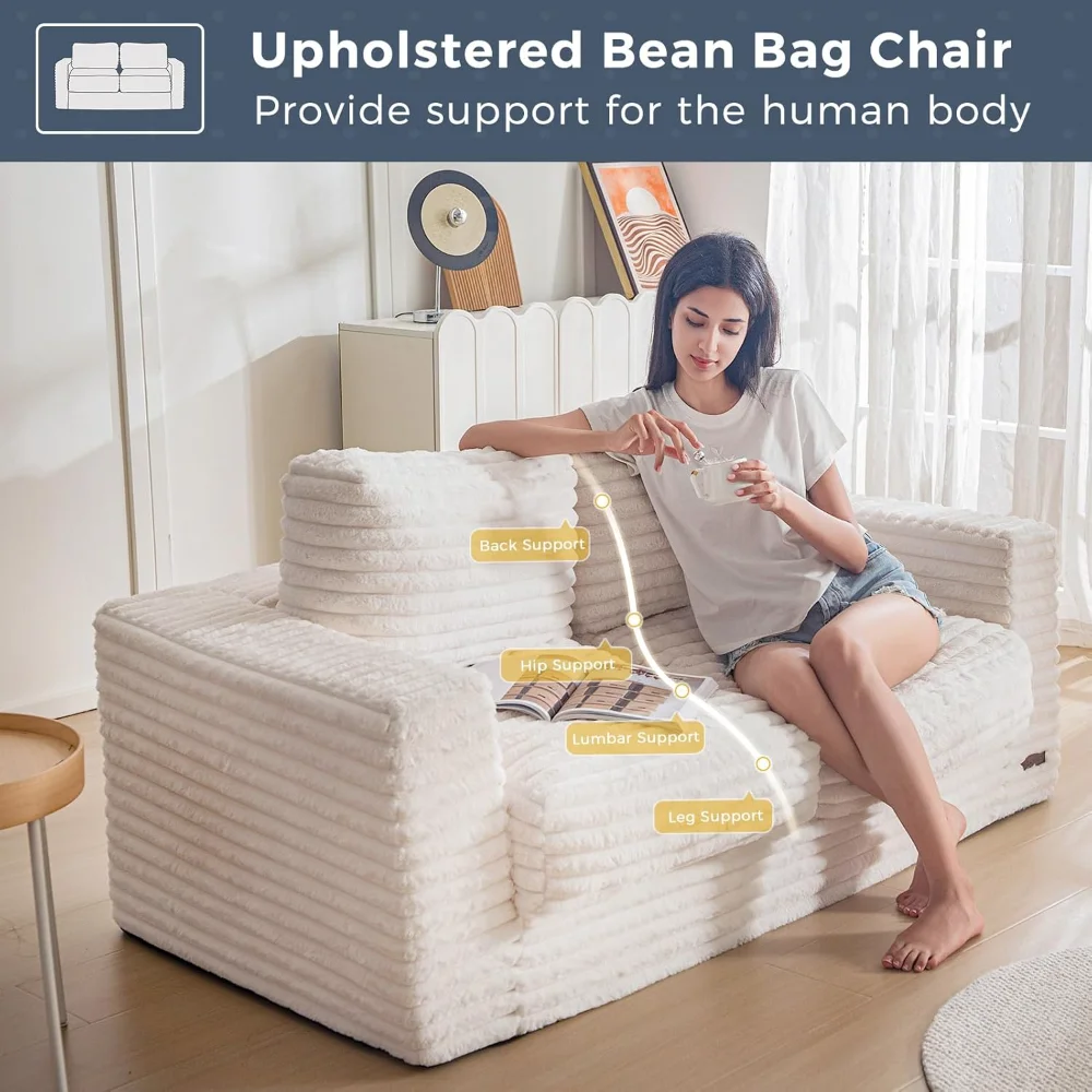 เก้าอี้บีนแบ็กขนาดยักษ์สําหรับผู้ใหญ่, โซฟาเบาะหุ้มเบาะพร้อมหมอนและที่วางแขน, สําหรับห้องนอน, โซฟาบีนแบ็กสีขาว