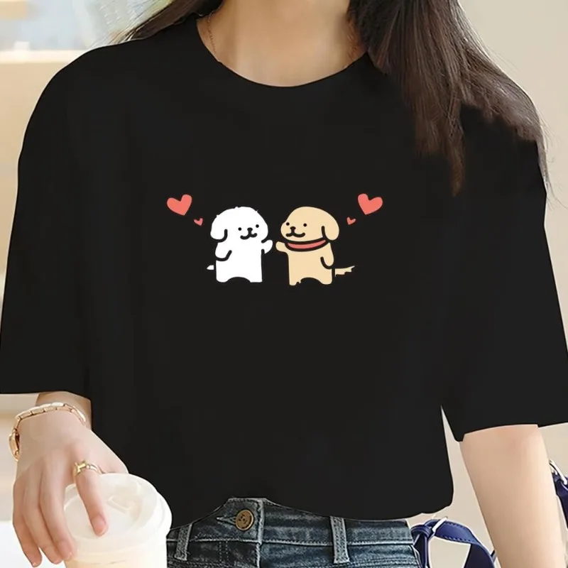 Cartoon Maltese Dog Cute T Shirt Women Couple Combination Clothes Short Sleeve Collar Fashion Cotton