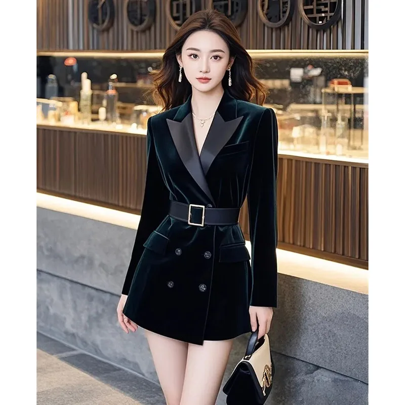 

Модный темно-зеленый костюм, пальто для женщин, весна-осень 2022, пиджак, пальто, топ в корейском стиле, двубортный тонкий пояс, верхняя одежда