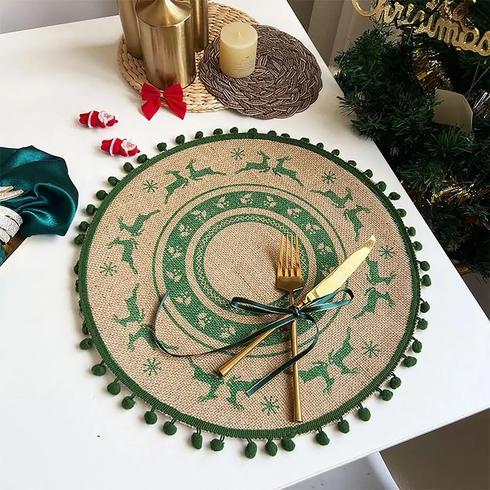 Vintage Cotton Linen Christmas Jute Placemat Heat Insulation Round Tableware Mats with Ball Red Green Woven Placemat Home