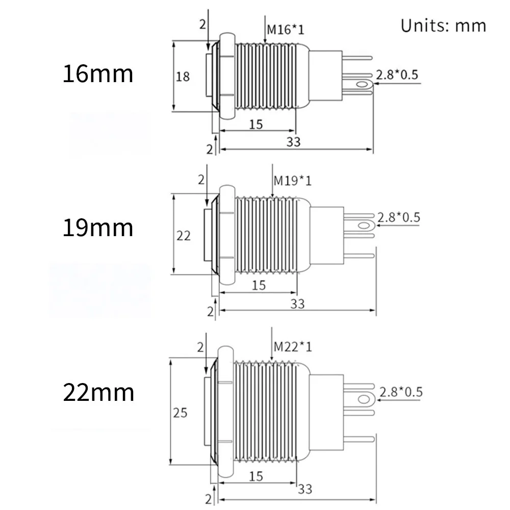 5 ks 16 mm 19mm 22mm kov strčit knoflík spínač 12v prsten energie knoflíků vodotěsný LED lehký self-lock self-reset 220V vysoký hlava