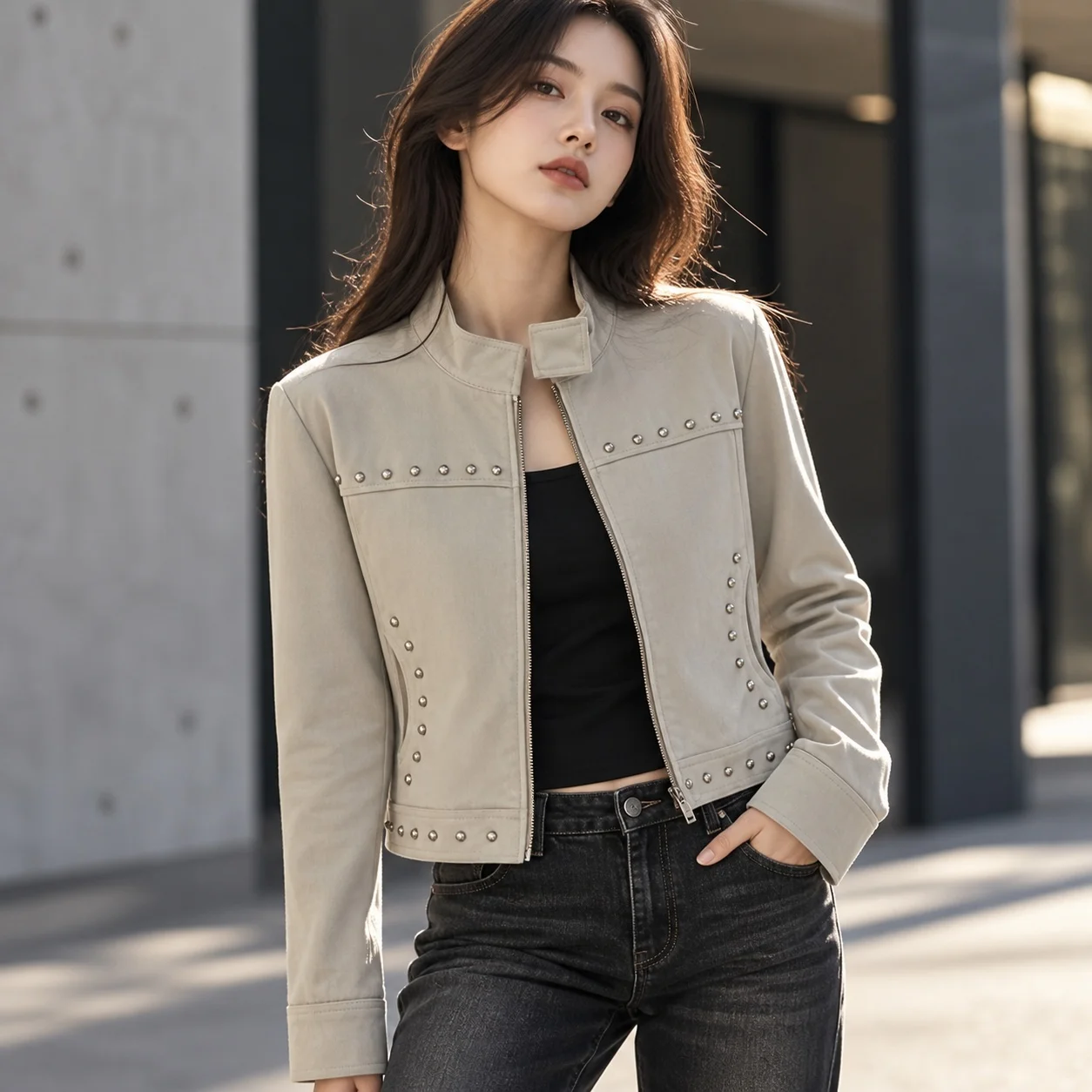 Stand Collar Long Sleeve Slim Fit Coat with Streetwear European and American Style Regular Sleeve 3D Pattern Women Autumn Jacket