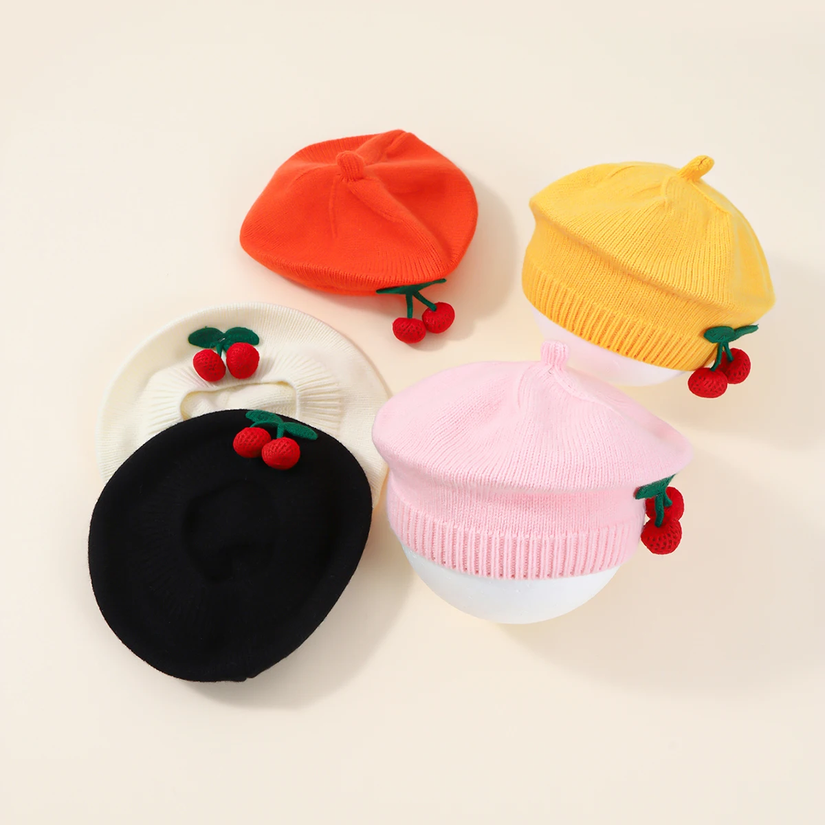 

Fashion Baby Knitted Beret Hat Solid Color Cherry Children Warm Hats Autumn Winter Korean Kids Girls Artist Painter Cap