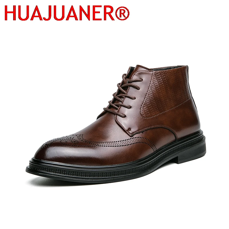 

Men Pu Leather High Top Boots With Side Zipper Block Carving Design Business Casual And Handmade Ankle Boots