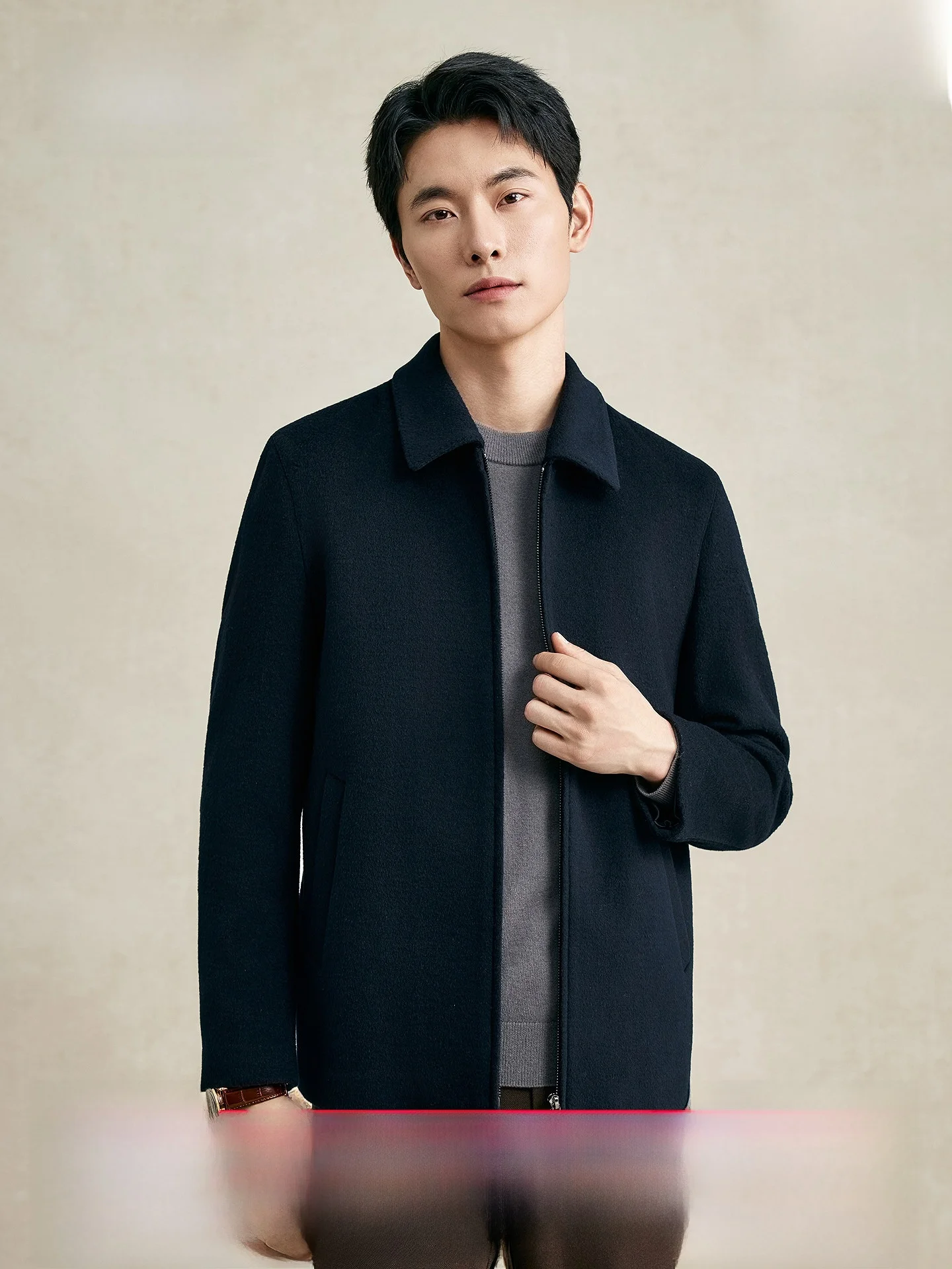 100% Wool Men's Thickened Autumn Winter Jacket with Collar Warm Outerwear Standard Fit Casual Style Zipper Closure Pure Color