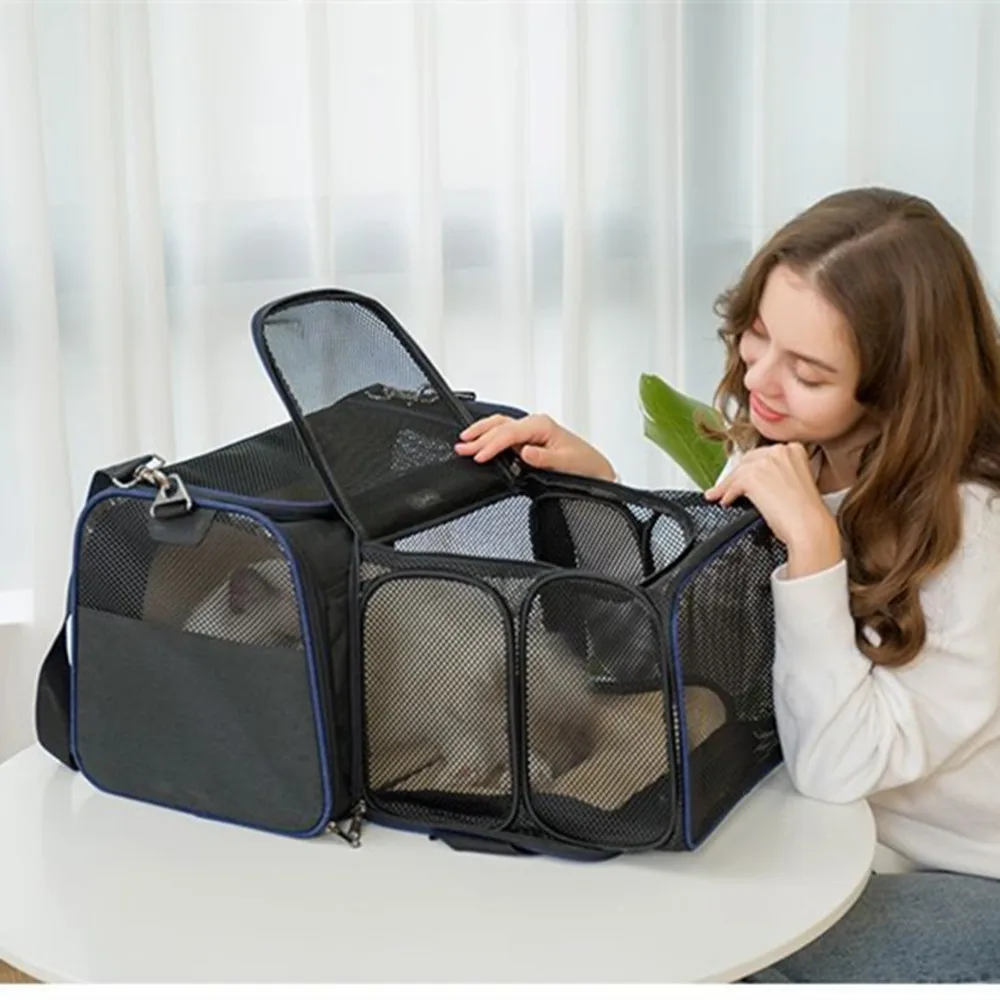 Double 2 Expandable Pet Bag Cat Dog nest Luggage Case Shoulder Tote Pack Messenge Travel Handbag Foldable Ventilated Breathable