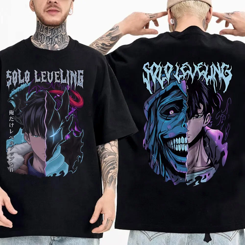 High Quality Soft Tshirt Japanese Anime Solo Leveling T Shirt Men Sung Jinwoo Cartoon Graphic Tees Harajuku Short Sleeve image 3