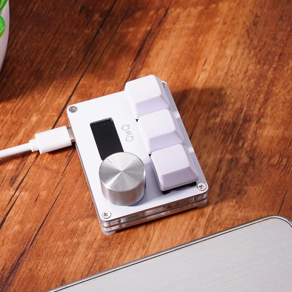 แป้นพิมพ์เล่นเกม3ปุ่ม USB สีขาวขนาดเล็ก3ปุ่มแป้นปุ่มกด Osu แบบ hotswap มือเดียวคีย์บอร์ดเล่นเกมเชิงกลการตั้งโปรแกรมด้วยปุ่มและหน้าจอ