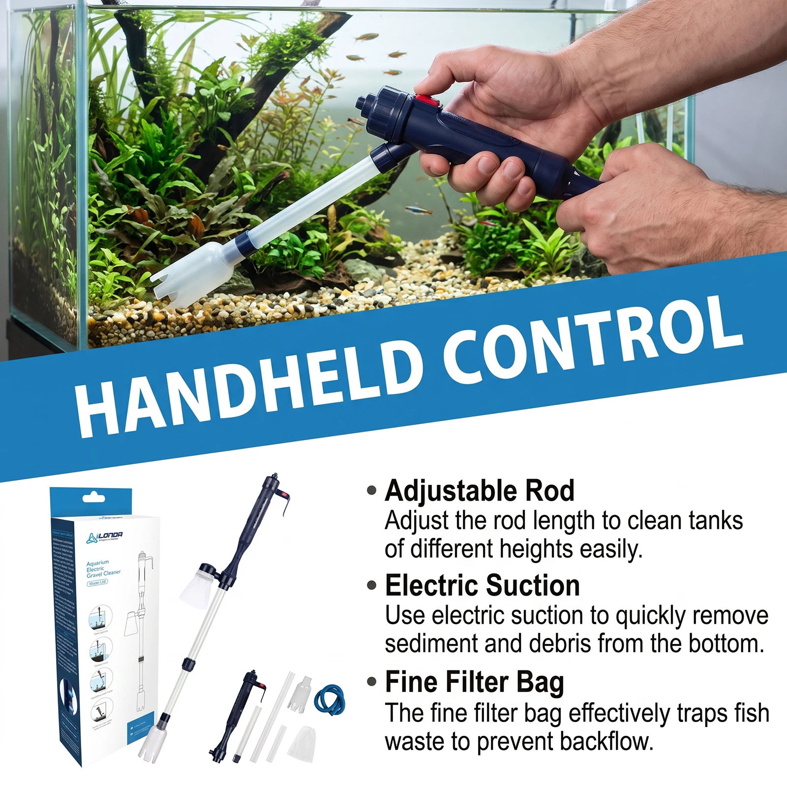 Electric Battery Operated Fish Tank Gravel Cleaner Vacuum, Adjustable Length Tube Aquarium Water Changer for Daily Maintenance