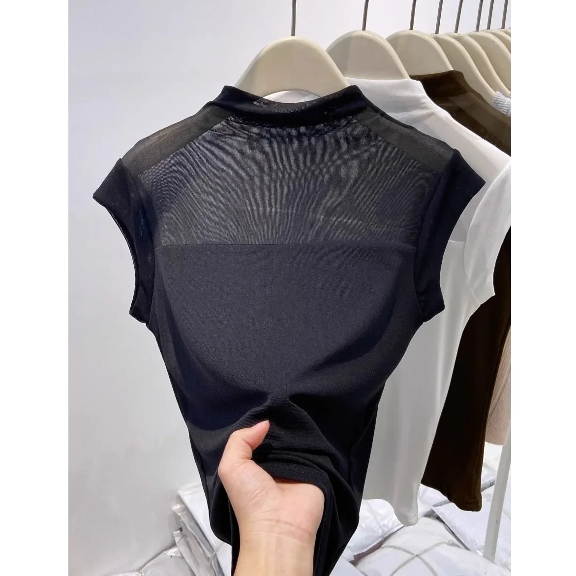 

Lace Me ort Sve T-irt Women Summer 2025 New f High Collar Sexy Hollow out Slimming Base irt Inner Wear Top