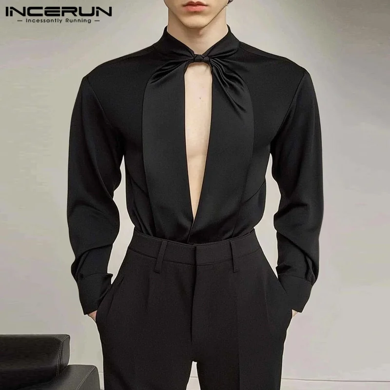 Fashion Casual Style Tops INCERUN New Men\'s Patchwork Hollow Design Shirts Handsome Male Hot Sale Long Sleeved Tie Blouse S-5XL