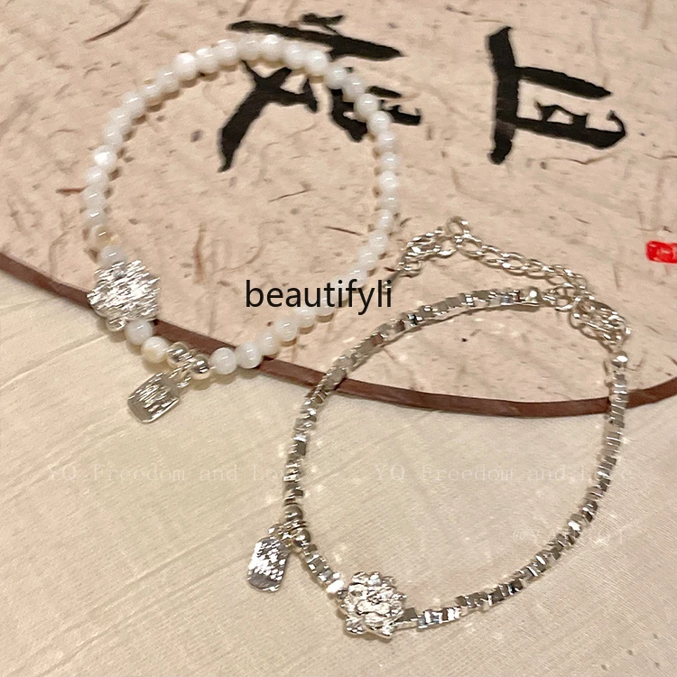 Shell Beaded Lotus Blessing Card Bracelet Female  High Sense Small Pieces of Silver Temperamental Bracelet Hand Jewelry