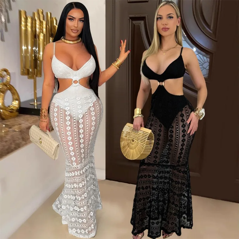 Abito lungo sexy a sirena con scollo a V e cinturino per spaghetti Abito lungo da donna senza maniche in maglia trasparente con cut-out Slim Fit Party Club Abiti lunghi da spiaggia