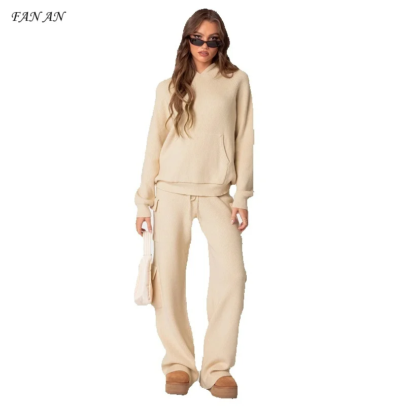 New Women's Fall Fashion Hooded Sports Leisure Sweater Knit Set Women's Leisure Two-piece Temperament Leisure Set Commuter Set