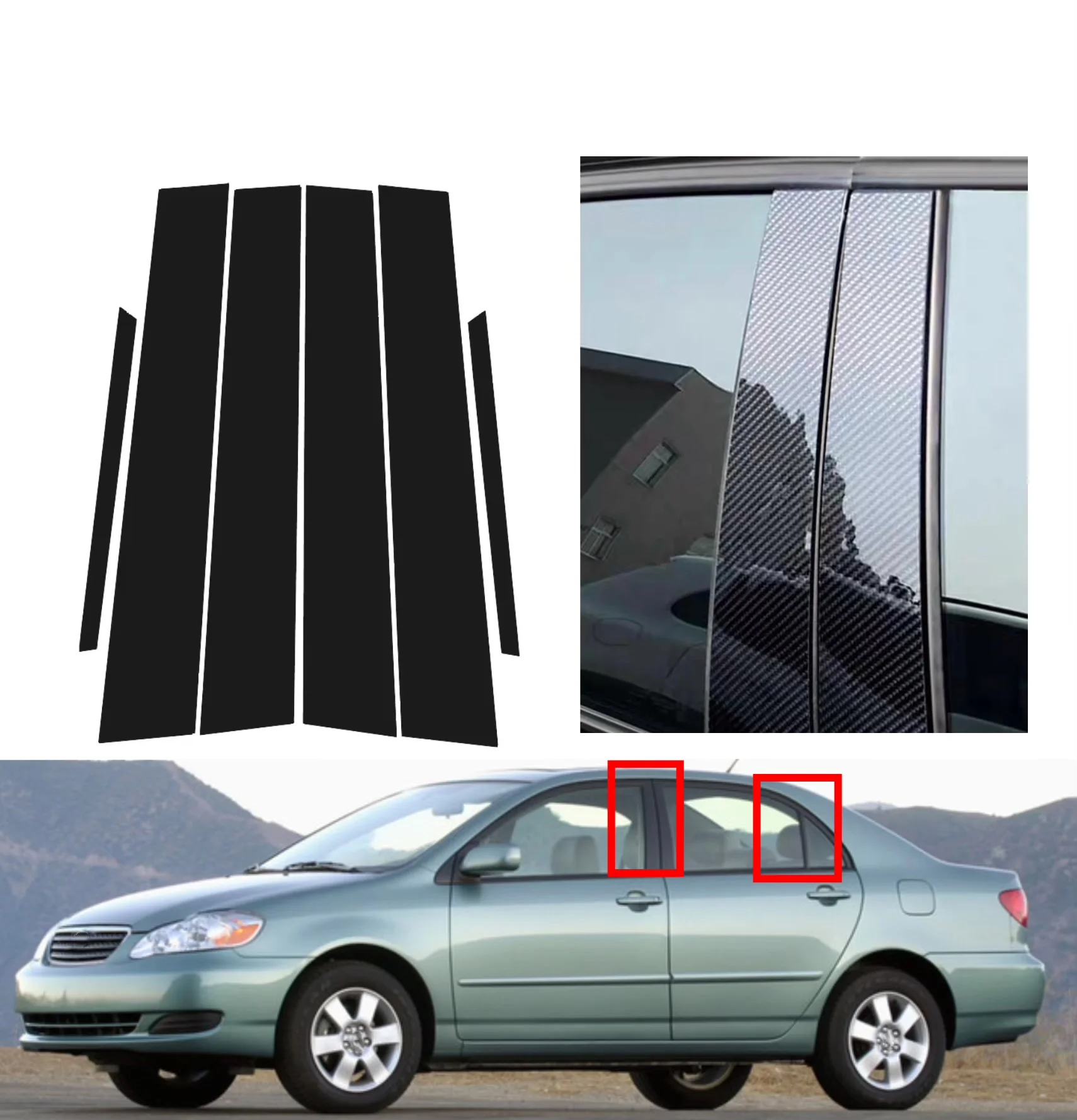 6pcs Glossy Black  Pillar Post  Carbon Fiber  For Toyota Corolla 2001-2006 2002 2003 2004 2005 Window Door Deal B CCover Sticker