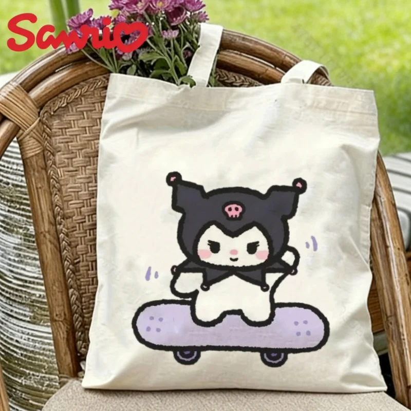 

1PC Kawaii Sanrio Kuromi Skateboard Print Canvas Tote Bag Eco Reusable Shoulder Shopper