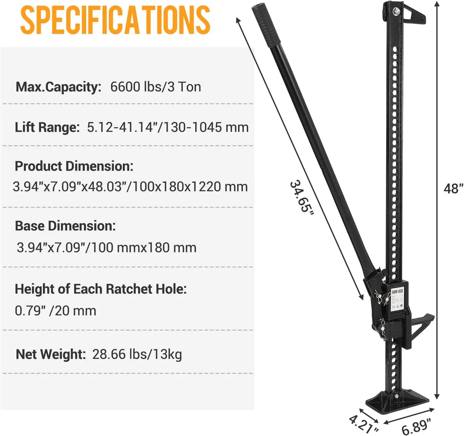 

48" High-Lift Farm Jack, Black – 3 Ton (6,600 LB) Capacity, Ratcheting Lift from 5" to 45" for Off-Road Recovery, Trucks