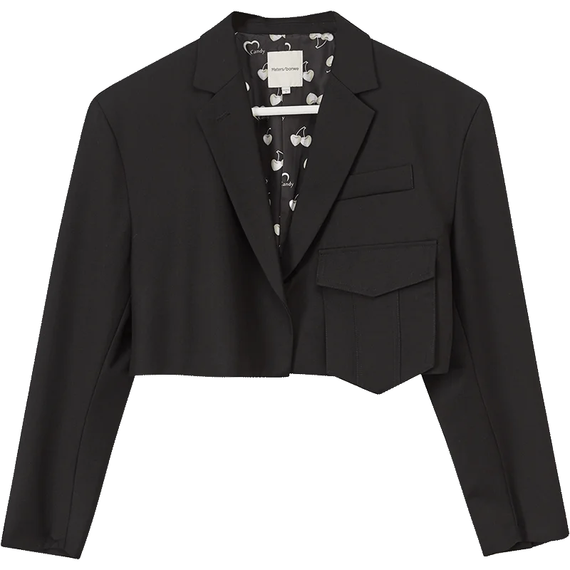 Metersbonwe-Blazer curto para mulheres, casaco da moda, almofada de ombro, terno silhueta, jaqueta preta, tops da marca, primavera e outono