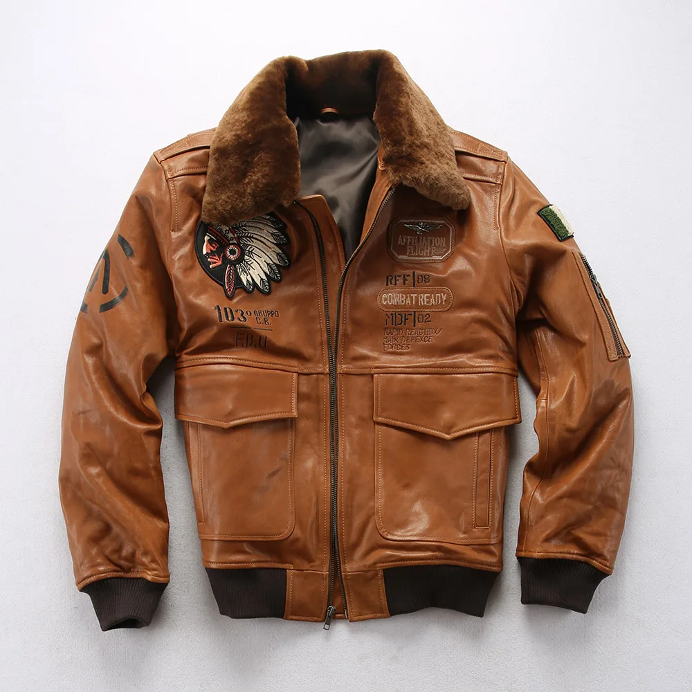 

Sheepskin G1 Pilot Clothing Leather Jacket Wool Collar Indian Portrait Embroidery Men Genuine Leather coat Casual Fashion top