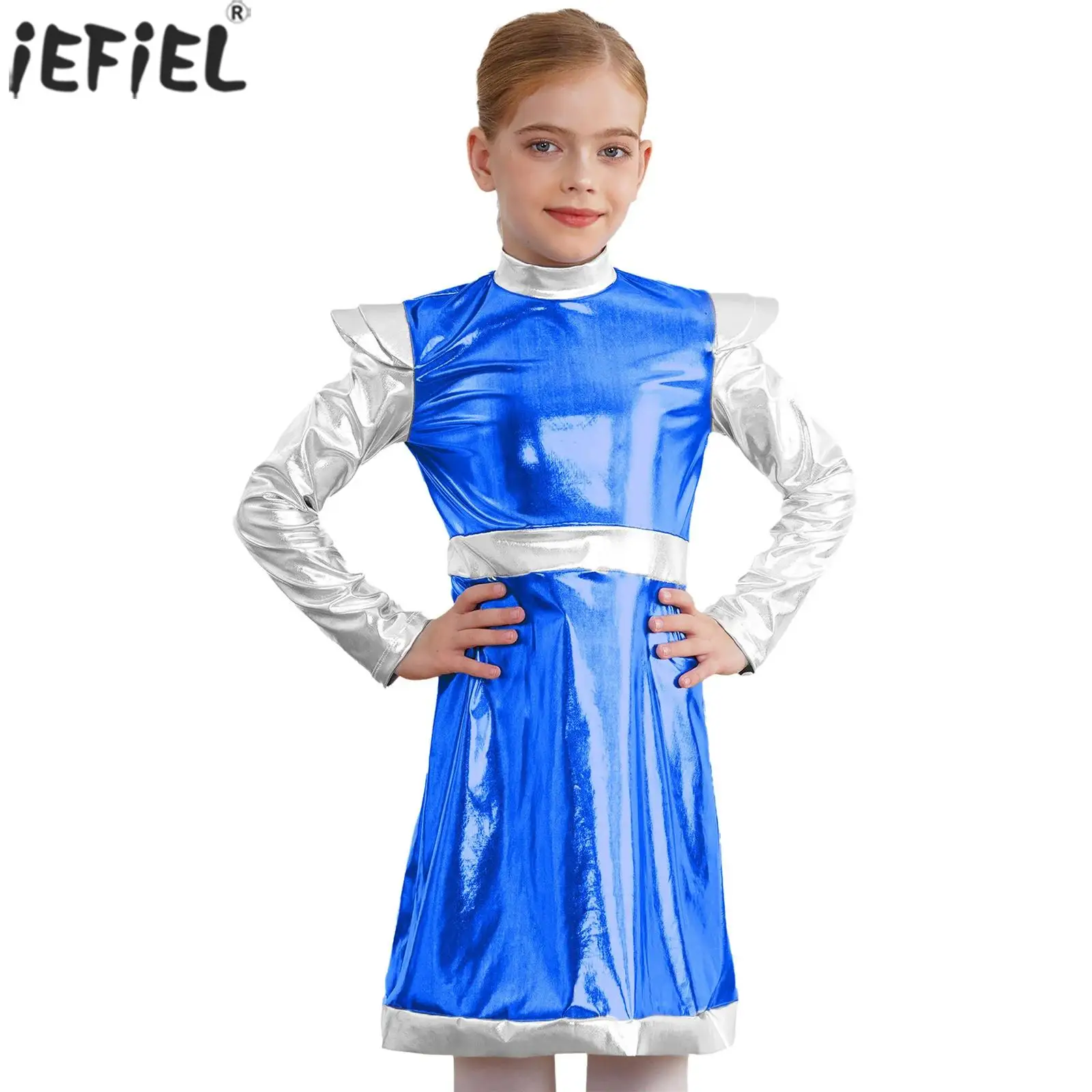 Kids Girls Halloween Alien Cosplay Costume Metallic Long Sleeve Outer Space Robot Cutie Dress Carnival Themed Party Dress Up