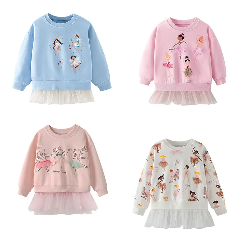 

3-8T Animals Embroidery Applique Girls Toddler Costume Long Sleeve Sweatshirt Mesh Hooded Shirt for Autumn Spring Baby Clothes
