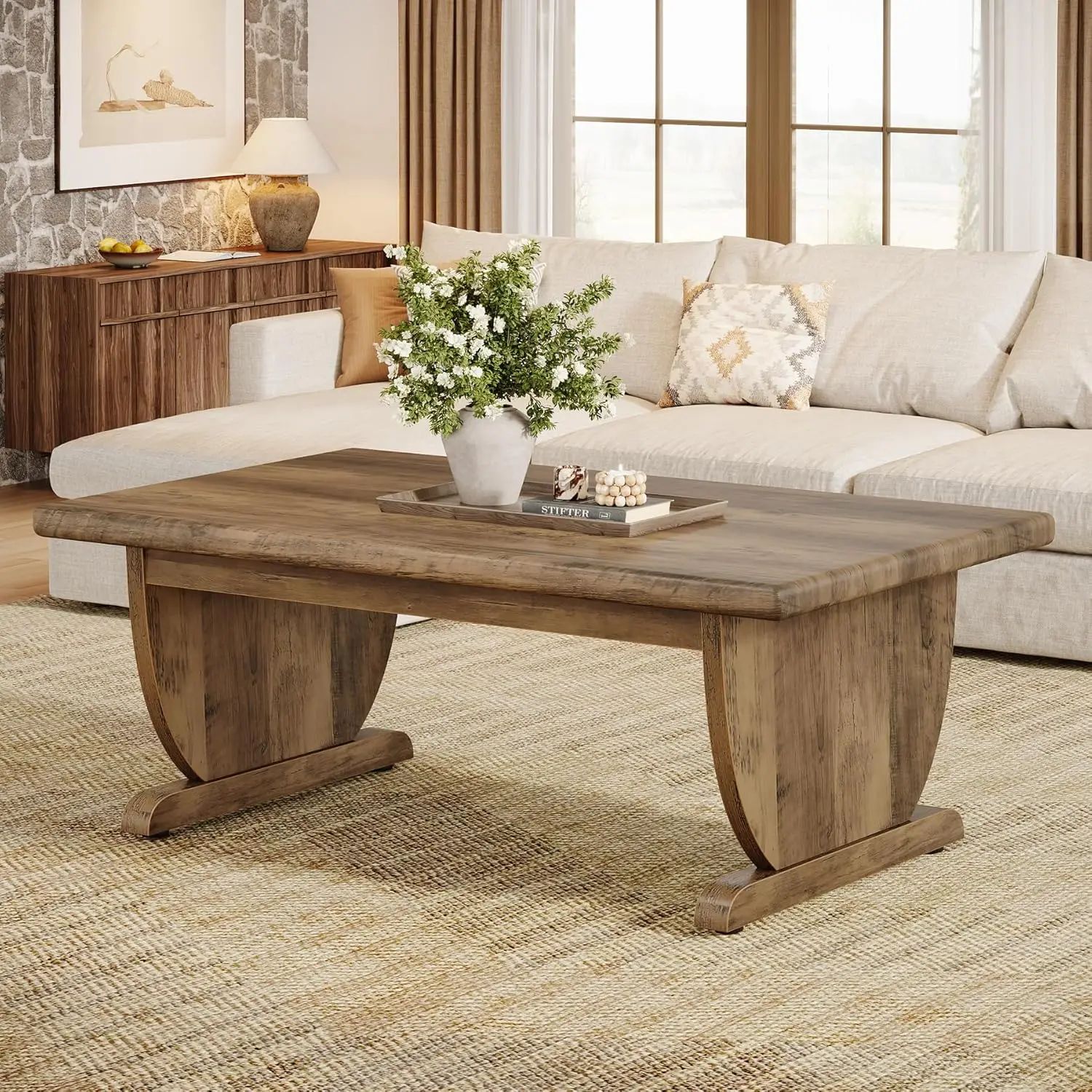 

Rectangle Coffee Table, 48-Inch Large Wooden Low Coffee Tables for Living Room, Rustic Farmhouse Center Tea Table with Sturdy Pe