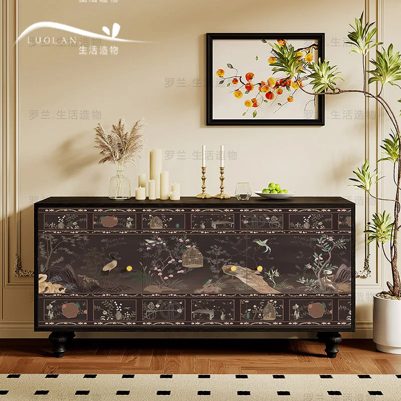 Neoclassical flower and bird solid wood household dining side cabinet kitchen storage locker