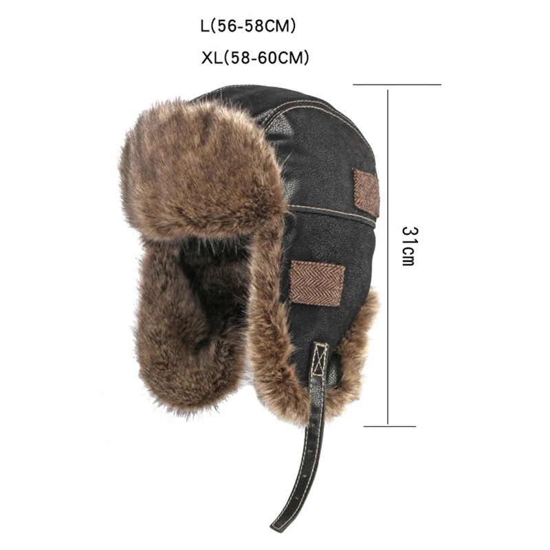 Winter Hat Men Bomber Cap Women Leather Ushanka Russian Hat with Earflaps Velvet Thick Snow Windproof Faux Fur Pilot Aviator Cap