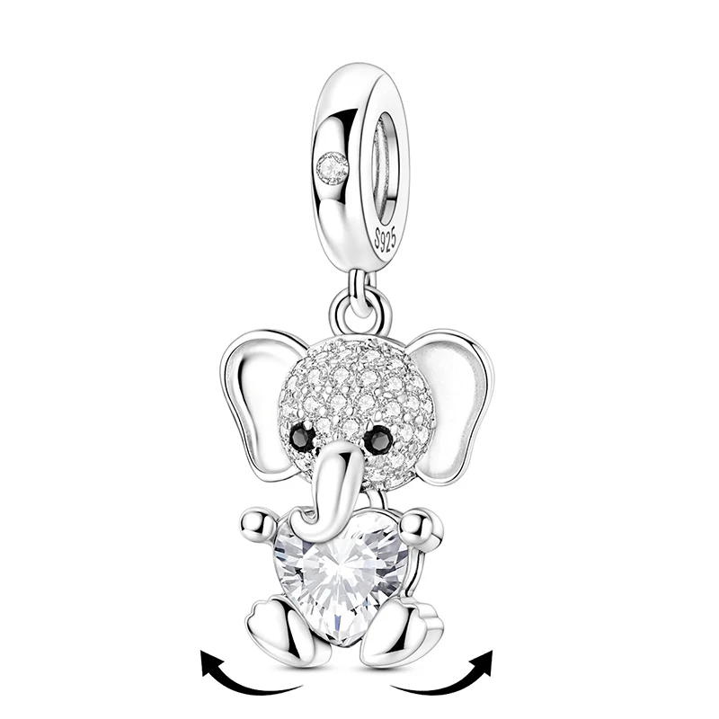 Swinging Elephant Charms Bead 925 Sterling Silver CZ Zircon Pendants Fit Original Bracelet DIY Jewelry Gift
