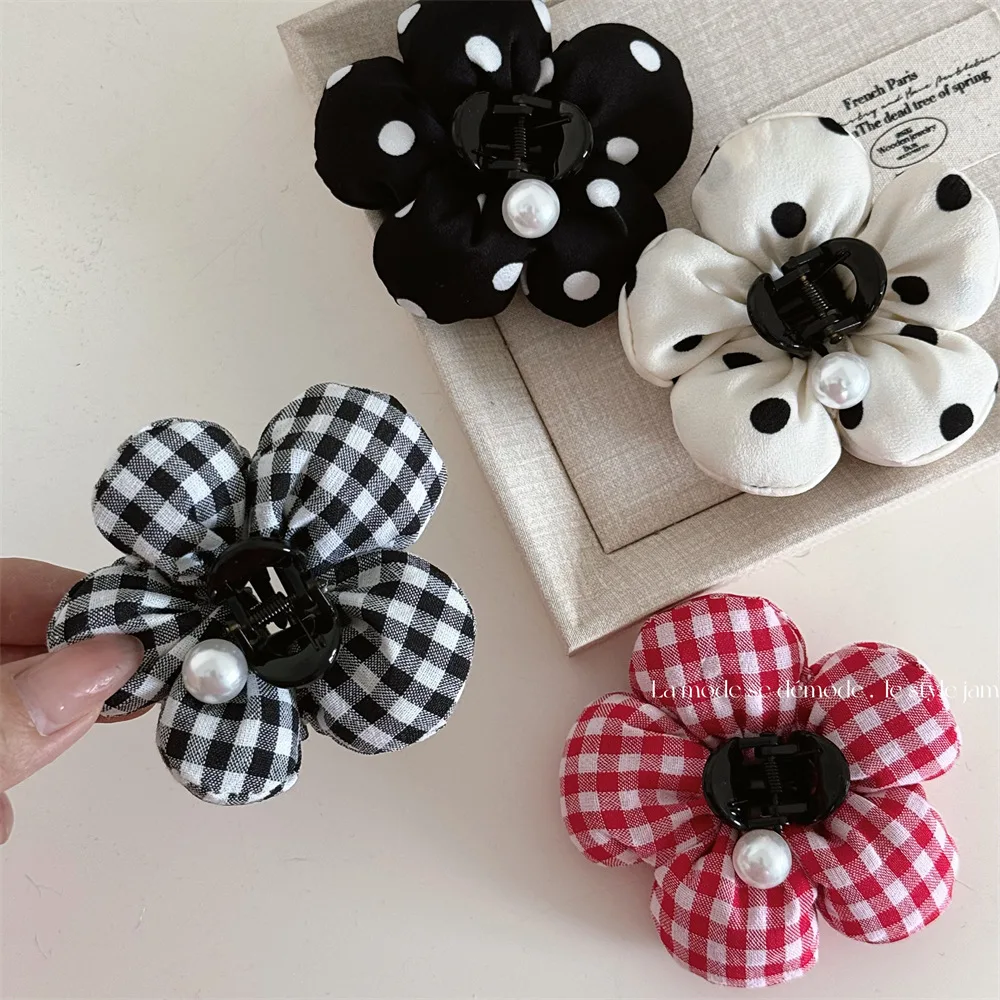 Colored Grid Ripple Point Pattern Hair Clips Imitation Pearl Flower Shape Headwear for Women Girls Trendy Hair Accessories