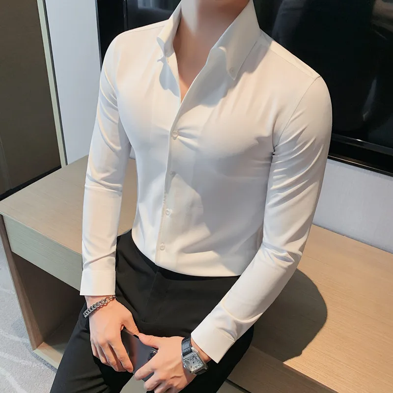 Men Dress Shirt Fashion Long Sleeve Business Social Shirt Male Solid Color Button Down Collar Work White Black Shirt 4XL