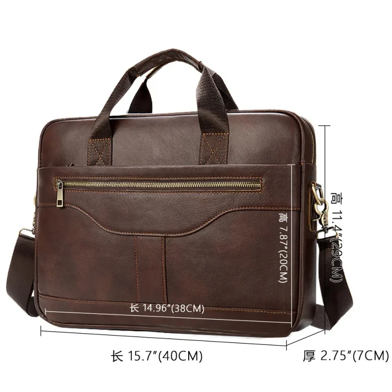 New Business Men Handbag Vintage Genuine Briefcase Male Office Laptop Cow Leather Shoulder Bag