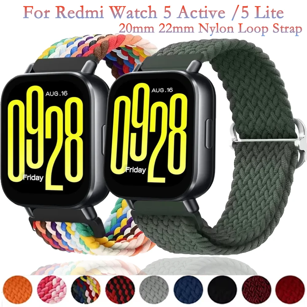 20mm 22mm Nylon Braided Loop Strap for Redmi Watch 5 Active Wristband Bracelet Redmi Watch 5 Lite Adjustable Correa Accessories