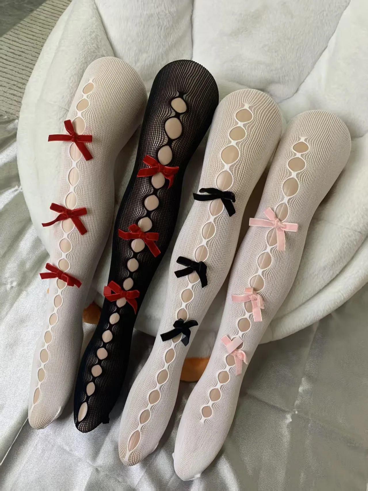 Mädchen Netzstrumpfhose mit Ausschnitt und seitlicher Schleife, bezauberndes Hohldesign, weich, dehnbar, für Lolita Cosplay, Halloween-Party, Strumpfhose, Socken XH42