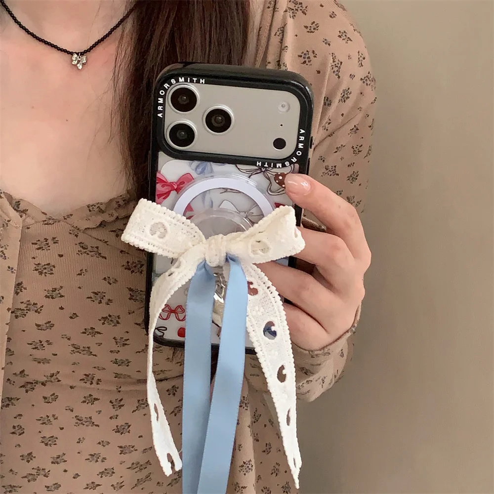 

Korean INS Cute Bow For Magsafe Stand Phone Case for iPhone 15 Pro 16 E 14 plus 13 12 11 17 Pro Max Cover Cute Protective Cover