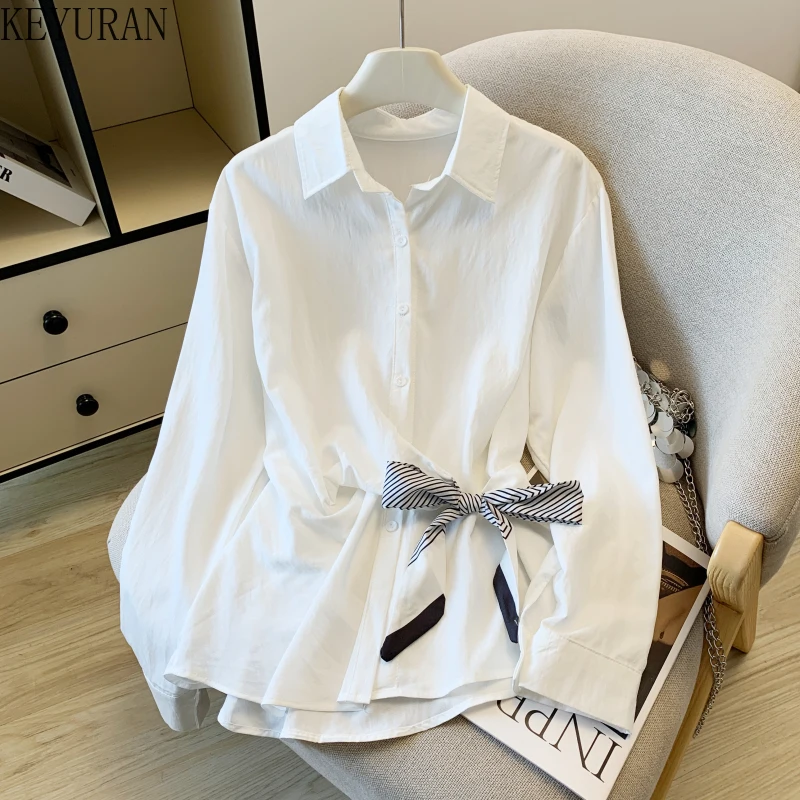 

Корейские шикарные белые рубашки с бантом Блузки Женская одежда Новая весна-осень Винтажная модная рубашка с длинным рукавом Офисные женские топы Y2k
