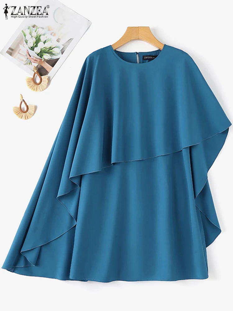 ZANZEA 2024 Women Elegant Sundress Mini Dress Summer 3/4 Bat Sleeve Casual Solid Color Ruffled Party Robe Loose Short Vestidos