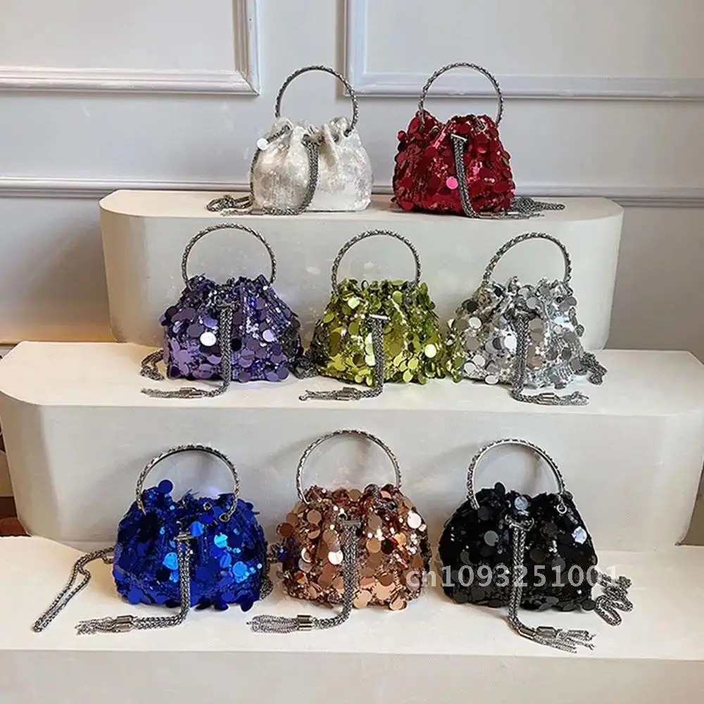 

Mini Sequin Handle Bag Fashion Bucket Shiny Handbags Tassel Women Round with Chain Crossbody Shoulder Girl Bags for Underarm