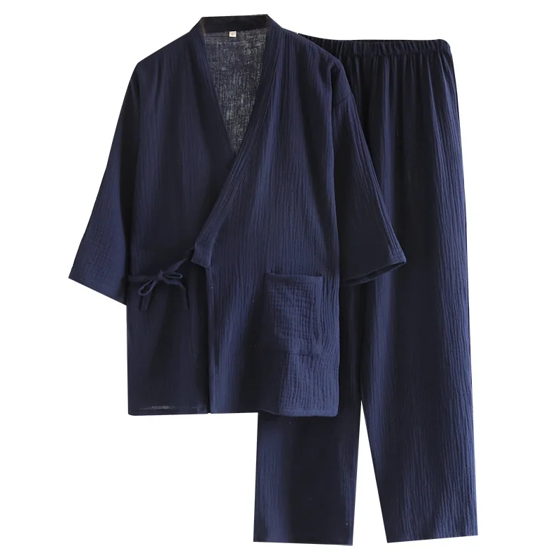 Primavera/outono japonês quimono pijamas masculinos pijamas masculinos gaze fina algodão rendas topo + calças soltas de duas peças homewear