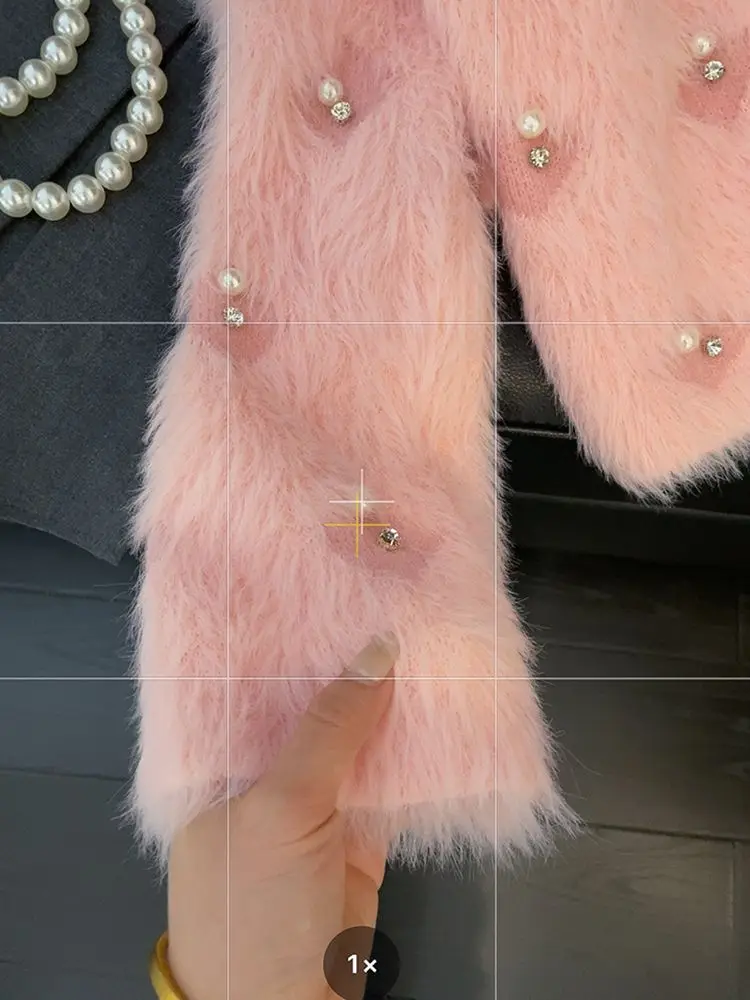 Luxury Fluffy Furry Soft Pink Knitted Cardigan Beaded Autumn Winter Coat Women Sweater Short Tops Design Outerwear White Jumpers