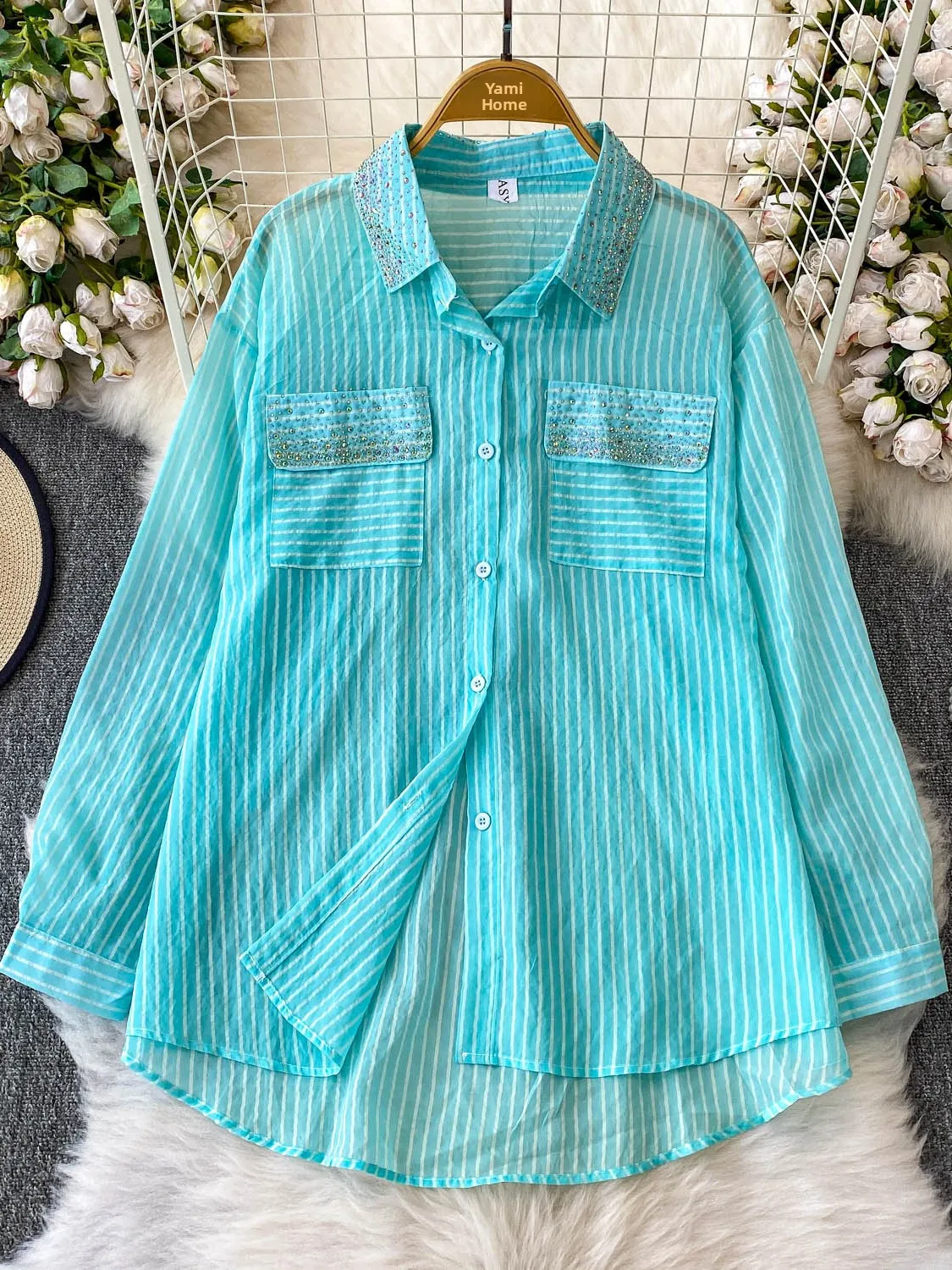 قميص نسائي بأكمام طويلة للحماية من الشمس، قميص شيفون رقيق مضاد للتجاعيد وفضفاض، تصميم عصري للعمل مزين بالماس ومخطط