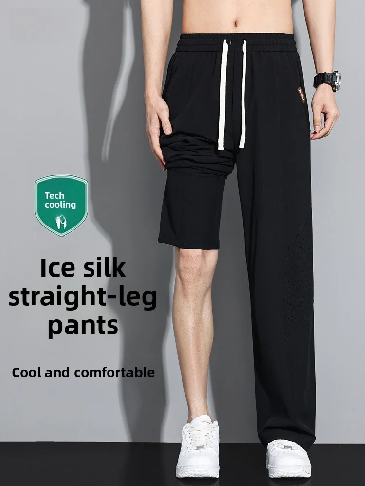 

Мужские летние тонкие свободные брюки большого размера из ледяного шелка, прямые, повседневные, быстросохнущие, ультратонкие, легкие