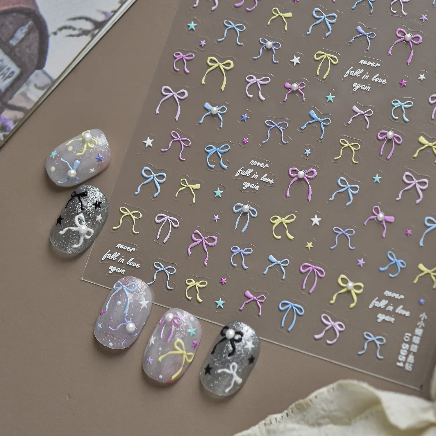 Mini Bow Nail Decals 5D Macaron Bowknot Rainbow Bow Blue Yellow Purple Star With Pearl Nail Art Stickers Romantic Accessories