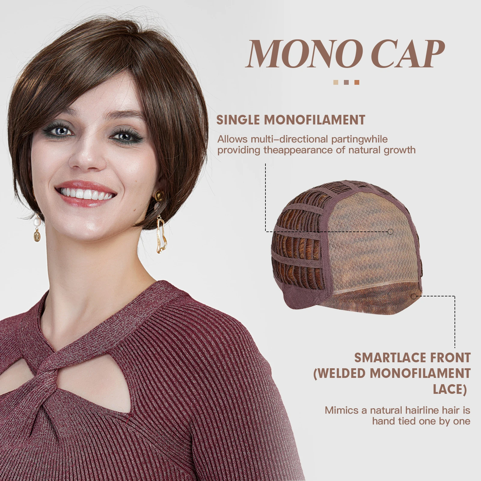 

Pixie Cut Wigs MONO Lace Brown Synthetic Wigs for Women Breathable Mono Natural Look Brown Daily Use Heat Resistant Fiber