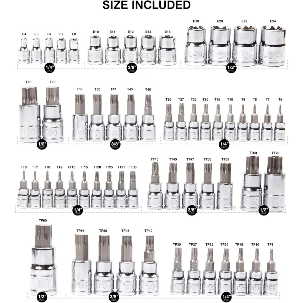 Master Torx Bit Socket and External Torx Socket Set, 60-Piece Set, S2 and Cr-V Steel，E4-E24, T6-T70,TT6-TT70,TP8-TP60