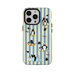 Blue and Yellow Striped Penguin Art Phone Case for IPHONE 16 15PRO MAX 14 13 12 11 Acrylic TPU Two in One Magnetic Phone Cases