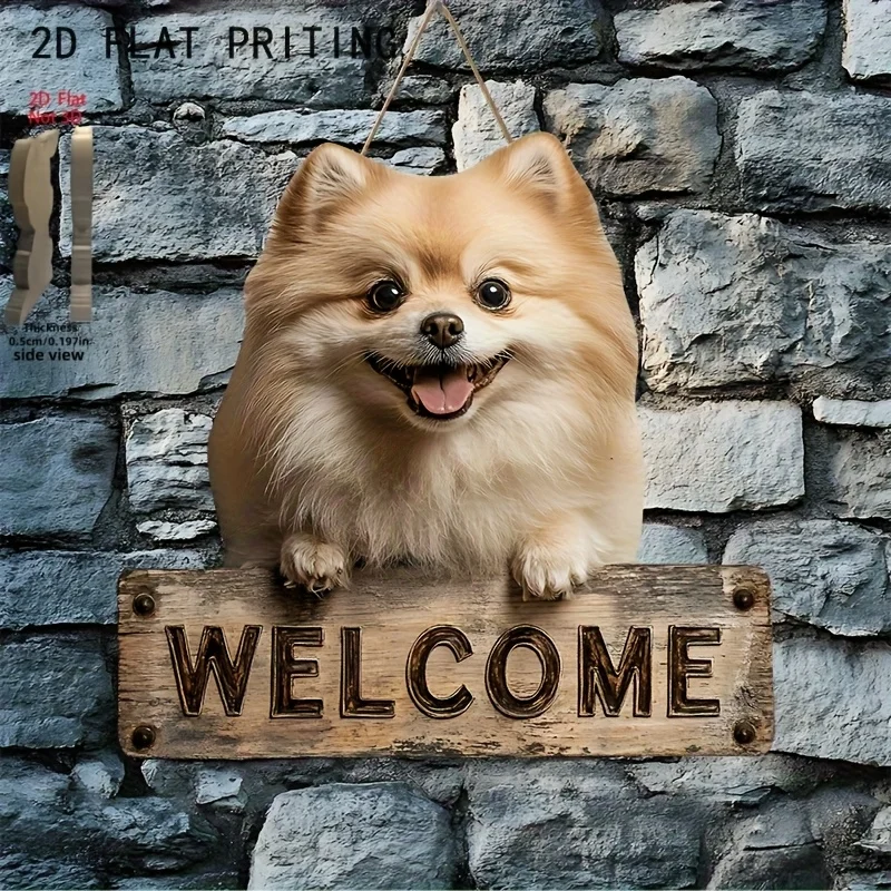 2D Flat,Cute Pomeranian Pattern Outdoor Welcome Sign,Recycled Wood Wall Art, Holiday Gift, Rustic Style Wooden Hanging Decor